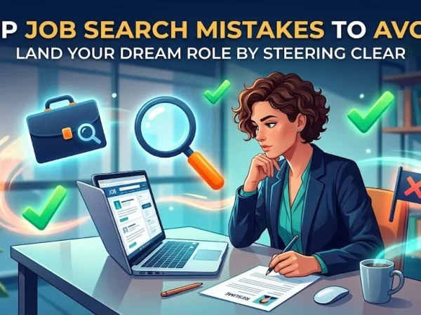 Illustration of a professional reviewing her CV on a laptop to avoid common job search mistakes and get hired in 2026