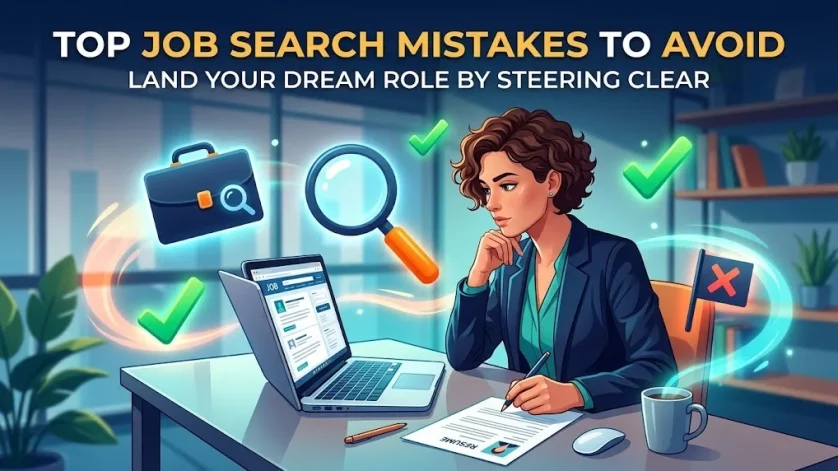 Illustration of a professional reviewing her CV on a laptop to avoid common job search mistakes and get hired in 2026