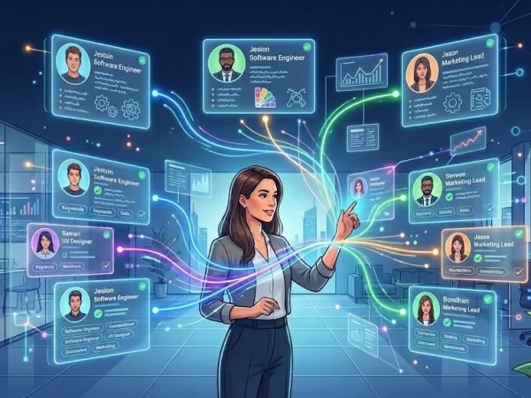 Hiring manager interacting with a digital talent pool, illustrating modern talent acquisition strategies, candidate engagement, and futuristic recruitment technology