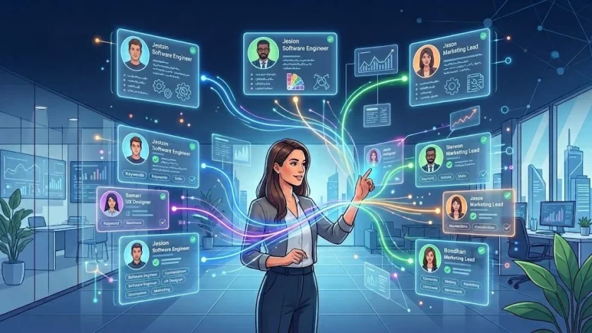 Hiring manager interacting with a digital talent pool, illustrating modern talent acquisition strategies, candidate engagement, and futuristic recruitment technology