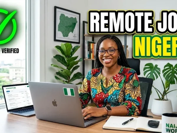 Gin-don Recruitment Agency featuring a smiling Nigerian woman working on a laptop, with bold text reading 'REMOTE JOBS NIGERIA' and a green 'Trusted & Verified' checkmark