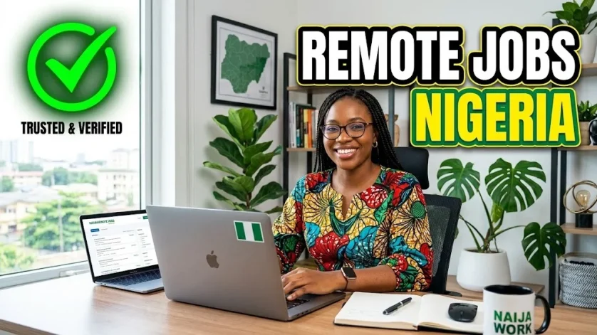 Gin-don Recruitment Agency featuring a smiling Nigerian woman working on a laptop, with bold text reading 'REMOTE JOBS NIGERIA' and a green 'Trusted & Verified' checkmark